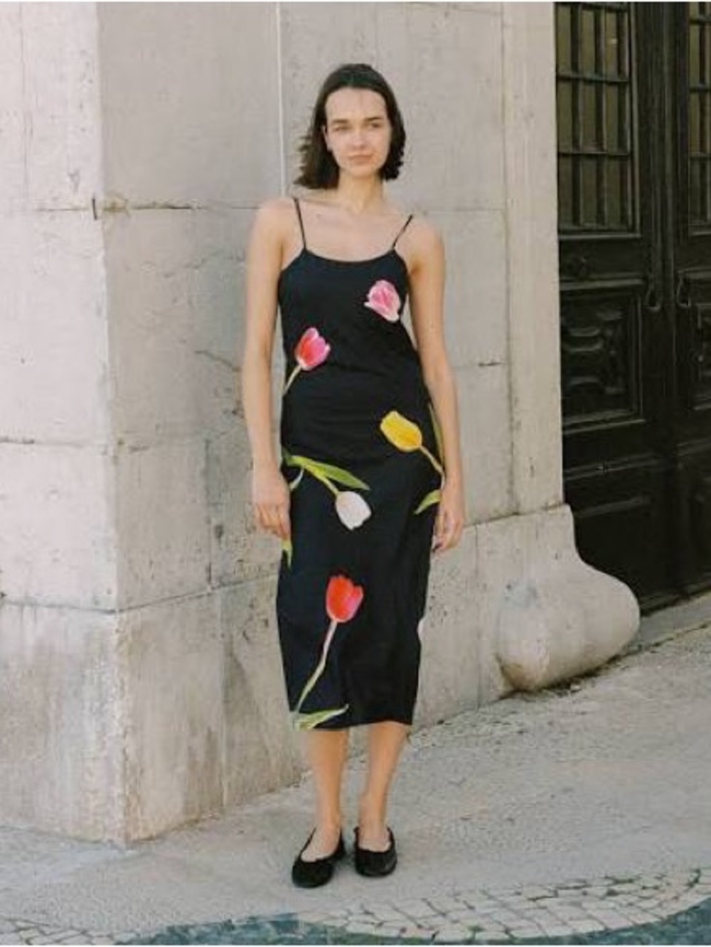 Lisa Says Gah x Tyler McGillivary Black Floral Slip Dress with Tulip Print